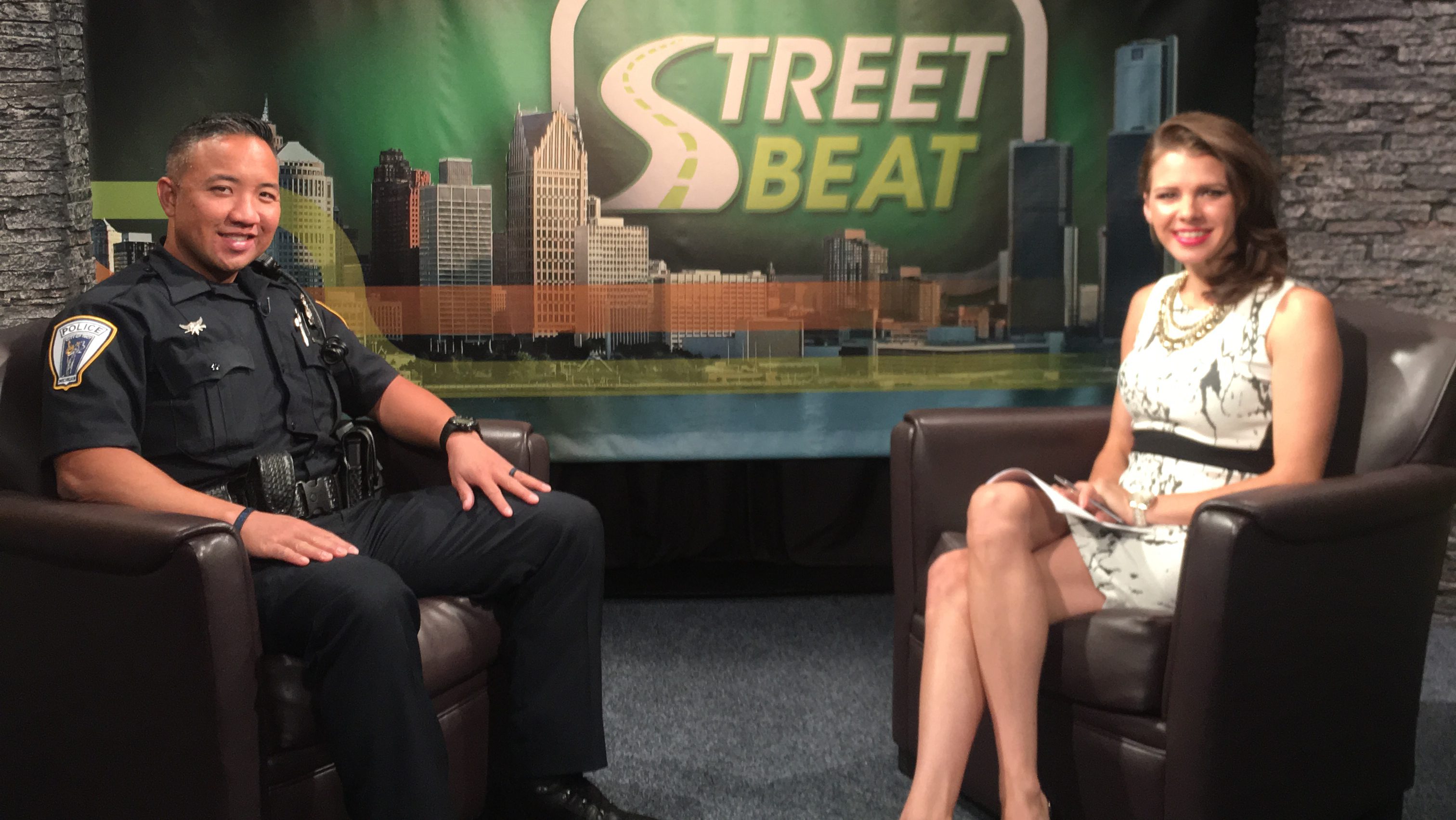 Officer John Julian of the Troy Police Department and Street Beat host Karen Carter talk about police response to active shooter situations. (credit: Remy Murrey, CBS 62/CW50) 